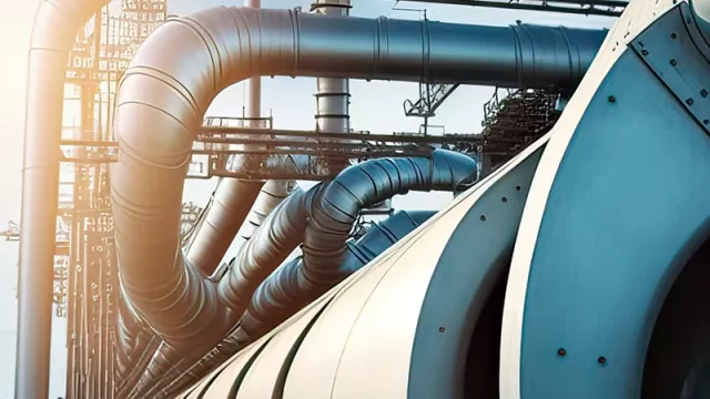 Industrial pipeline with high-voltage transmission tower in the background.