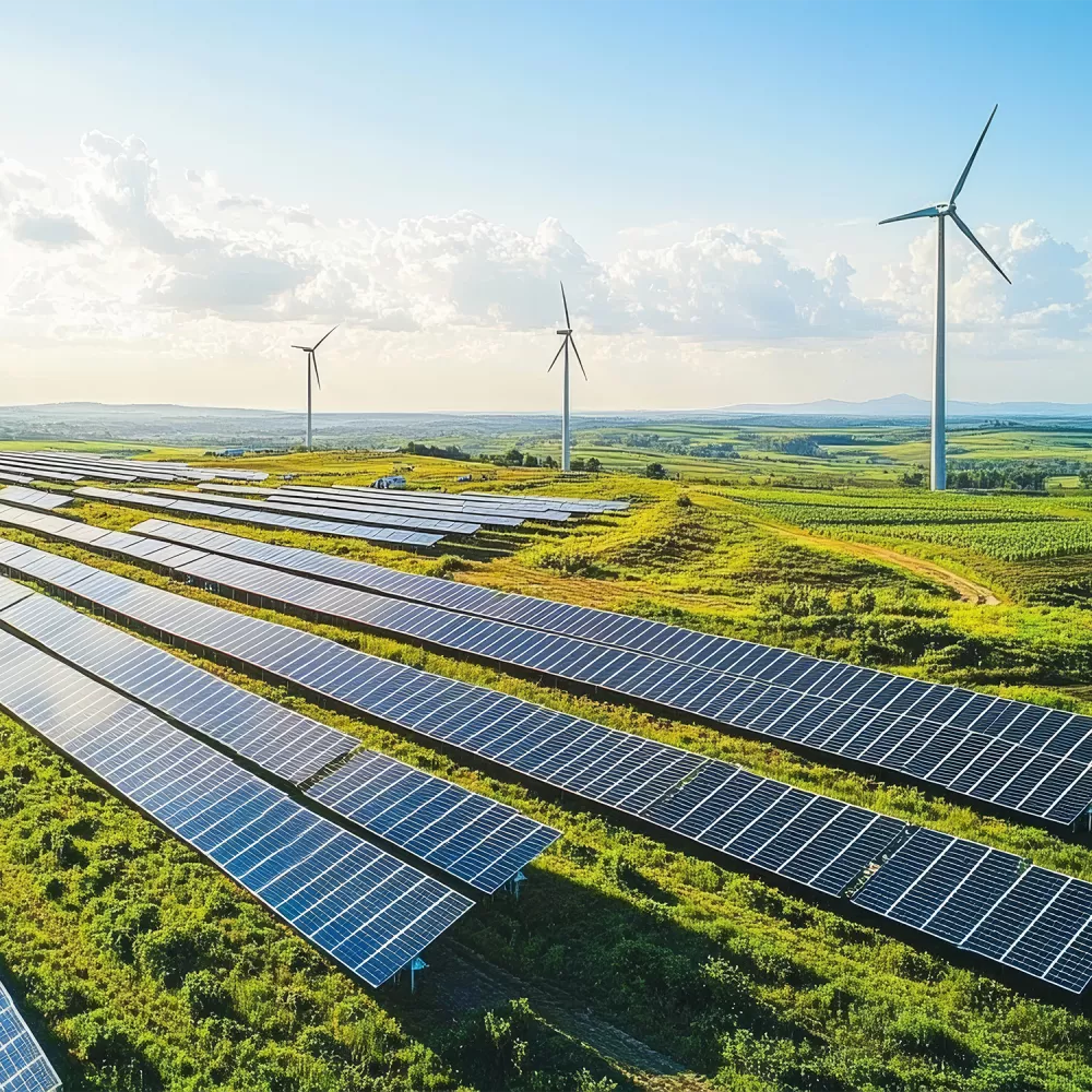 The picture shows a large ground-mounted PV system on a green field. Wind turbines can be seen in the background.