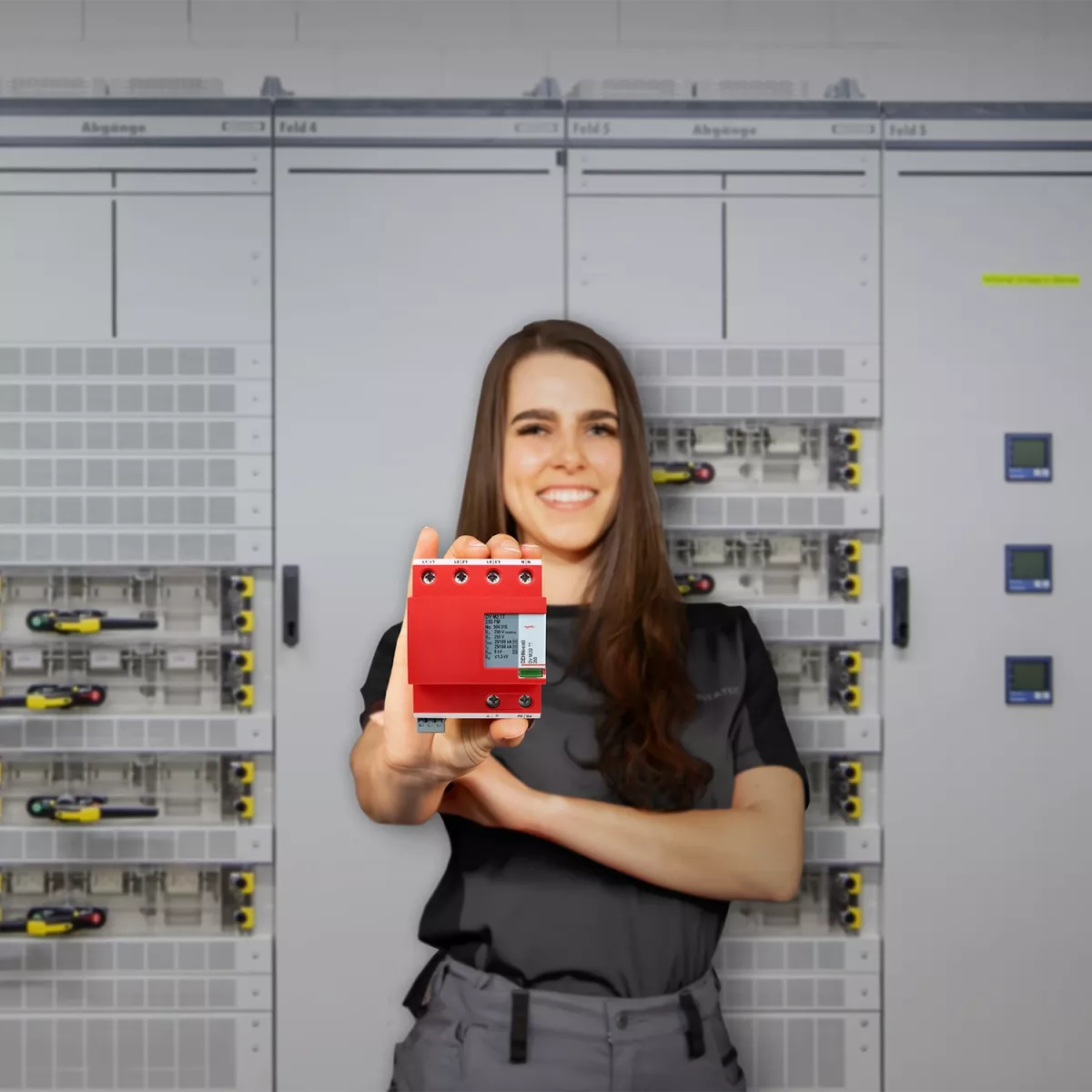 A captivating image displays a young professional woman, confidently holding a red device against a pristine white metal wall brimming with control panels. Her radiant smile and poised stance make this tech-savvy scene visually striking, evoking a sense of control room expertise.