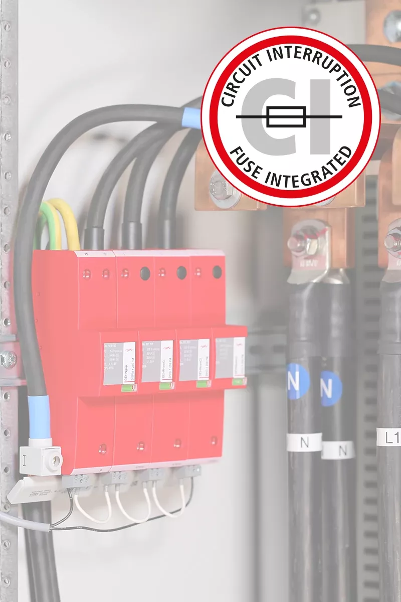 A striking image displays a detailed close-up of a red electrical panel, accentuating its white buttons and 5-mark. The well-organized system stands out against a blurred background, drawing attention to the red focal point.